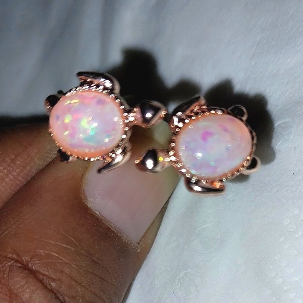 Ladies Pink Opal Rose golden turtle adjustable ring